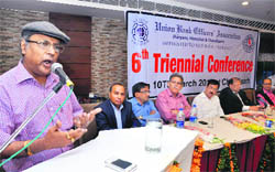 PK Sarkar, convener, United Forum of Bank Unions, addresses the gathering during the sixth triennial conference of the Union Bank Officers Association in Chandigarh on Sunday.