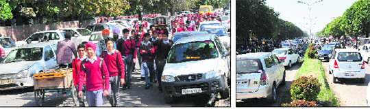 Vehicles parked on the road opposite District Courts at Phase 3B1 ; and (right) vehicles parked on the road opposite the office of the Punjab School Eductaion Board, Phase VIII, in Mohali.
