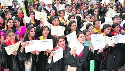 Students in a jubilant mood after receiving their degrees at Panjab University in Chandigarh on Sunday. 