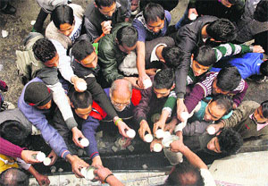 Devotees rush for bhaang ghota at a Shiv temple on the occasion of Mahashivratri in Shimla on Sunday. 