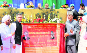 Chief Minister Omar Abdullah and Union Minister for Health Ghulam Nabi Azad lay the foundation of a medical college hospital for Sant Manjit Singh Institute of Medical Sciences and Research at Jeevan Nagar in Jammu on Sunday.