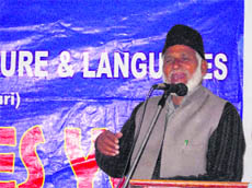 A poet addresses the audience at a seminar on Sufi poetry in Rajouri on Sunday. 