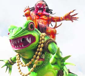 Ogoh-ogoh, a paper-mache effigy that symbolises Balinese Hinduism's mythical demons and monsters, at a parade to celebrate Nyepi (Day of Silence) in Bali on Sunday