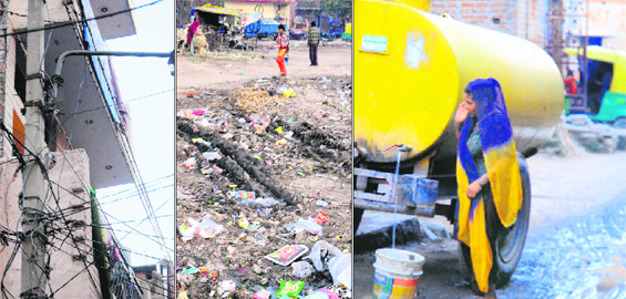 An electricity pole leans towards the wall; garbage lying unattended near the garbage bin; and (above) a resident fills water in a bucket amid water-logged street.
