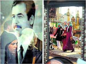 A combination of two file pictures taken in Iraq, shows on the left the reflection of women in the glass protecting a large photograph of late former Iraqi President Saddam Hussein on January 25, 2003, in Baghdad and on the right the reflection of women in a mirror displayed by a street vendor on February 4, 2013, in Baghdads central Karrada neighbourhood. Iraq is due to mark the 10th anniversary of the US-led invasion that toppled Saddam Hussein on March 20, 2003. 