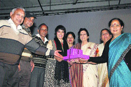 TV actor Meghna Malik (fourth from left) at the Arya Kanya Mahavidyalya, Shahabad, on Saturday. 