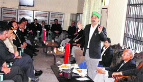 Kewal Singh Pathania, HRTC Vice-Chairman, addresses members of the Kangra District Bar Association in Dharamsala.