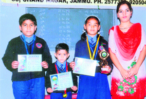 Students of Mayfair Higher Secondary School with their prizes in Jammu on Monday. 