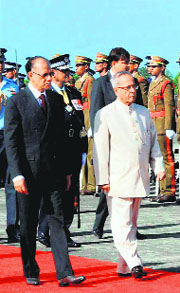 President Pranab Mukherjee on his arrival at the Port Louis airport, Mauritius, on Monday