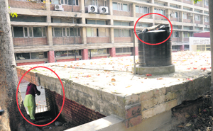 A water tank with a half broken lid near Nehru Hospital at the PGI in Chandigarh.