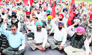 Powercom employees stage a dharna outside the office of Chief Engineer, Border zone, in support of their pending demands in Amritsar on Wednesday.