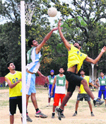 Players in action during a netball match in Sector 11, CHandigarh, on Wednesday