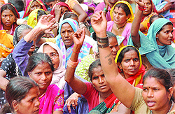 Thousands of street vendors assemble under the aegis of the National Association of Street Vendors of India (NASVI) to press for the enactment of a central legislation on protecting their rights, at Jantar Mantar in New Delhi on Wednesday