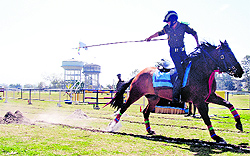 A cadet participates in tent pegging during the 91st Founders Day celebrations of the RIMC in Dehradun on Wednesday
