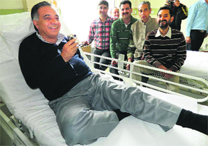 Food and Civil Supplies Minister GS Bali addresses a press conference from a hospital in Kangra on Tuesday. 