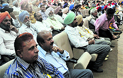 Employees participate in the 23rd annual convention of the State Ministerial Services Associatioin at Guru Nanak Bhawan in Ludhiana on Wednesday