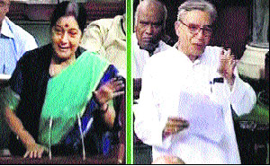 Railway Minister PK Bansal and Leader of Opposition Sushma Swaraj in the Lok Sabha on Wednesday