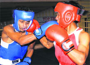 Players in action during the ongoing 20th All-India AK Mishra Senior Boxing Tournament at the Sector 10 skating rink in Chandigarh on Thursday.