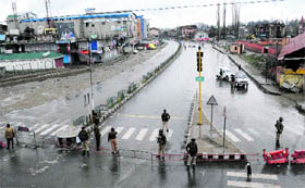 The deserted Hari Singh High Street in Srinagar on Thursday.