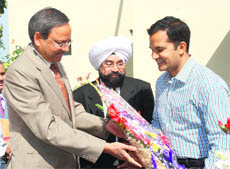 Justice RK Jain (left) is welcomed at the the judicial complex in Bathinda on Friday.