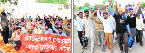  Contract workers in the PRTC stage a gate rally outside the PRTC workshop in Bathinda on Friday; Farmers raise slogans while coming out of Bathinda Central Jail on Friday after their release. They were arrested a week back as a pre-emptive measure after the farmer unions had announced a rail roko stir. 