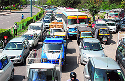 Vehicles stuck in a traffic jam during the President's visit