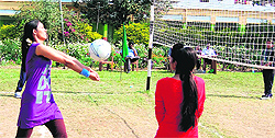 A volleyball match in progress at the NSS camp of the SMJN in Haridwar on Friday