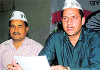 Satish Sharma, spokesman of the Aam Aadmi Party, addresses a press conference in Dehradun on Friday