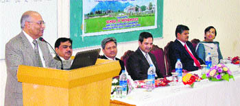 Prof SK Jain, Vice-Chancellor, Shri Mata Vaishno Devi University addresses the gathering after the inauguration of National Conference on mathematics in Katra on Friday.