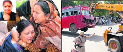 Relatives of Bimla Devi (inset) in an inconsolable condition after she got crushed under a bus; and the damaged bus being towed away by a crane in Jalandhar on Friday. 