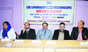 Doctors attend a workshop on laparoscopic and hysteroscopy techniques at Lal Ded Hospital in Srinagar on Friday. 