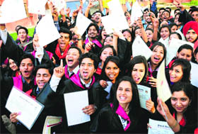 Students in a jubilant mood after receiving their degrees at the annual convocation and prize distribution function at Government College of Commerce and Business Administration, Sector 42, in Chandigarh on Saturday.