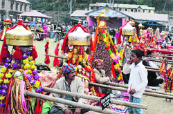 Dalit devis and devtas during the Mahashivratri fair at the Paddal Maidan in Mandi. Photo: Jai Kumar
