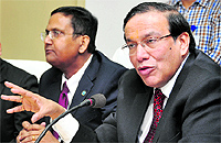 Pratip Chaudhuri, chairman, State Bank Group, speaks during a press conference in Ludhiana on Saturday