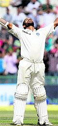 Shikhar Dhawan after reaching his 100 on debut in Mohali on Saturday. This was the fastest century by a debutant in Test cricket, and the highest for India, beating the 34-year-record of GR Viswanath
