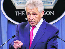 US Secretary of Defence Chuck Hagel speaks at his news conference at the Pentagon in Washington on Friday. 