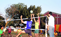 A match in progress during the two-day rural volleyball tournament organised by the Bathinda unit of National Fertilizers Limited (NFL)