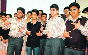 Bollywood child actor Ritvik Sahore (black shirt) on a visit to DAV Public School in Amritsar on Monday
