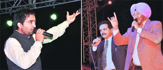 (Left) Punjabi singer Sherry Mann and comedians Jaswinder Bhalla and Bal Mukand Sharma perform at a private event in Bathinda. 