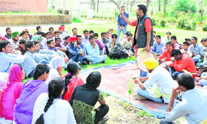 Members of the Aawam Rangmanch Group stage a play Kaafiley at the ITI in Bathinda on Monday.