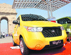 Newly launched Mahindra E 20 electric car is displayed in New Delhi on Monday. 