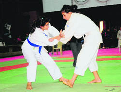 Judo players in action during a match at Panjab University in Chandigarh on Monday. 
