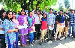 Panjab University students hold a protest on the campus on Monday. 