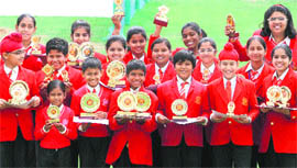 Students of Aanchal International School, Sector 41, in a jubilant mood during their annual prize distribution function in Chandigarh. 