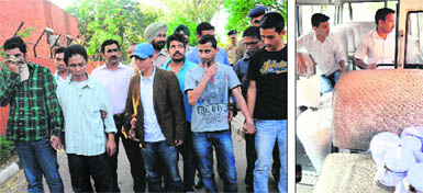 The accused being produced in a court in Chandigarh on Monday; and (right) the drugs that were seized from them. 