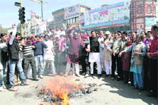 Congress workers burn an effigy of the BJP in Dehradun on Monday. 