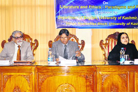 Academicians at a seminar at the University of Kashmir on Monday.