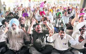 Employees protest outside Thapar Hall at Punjab Agricultural University in Ludhiana on Monday