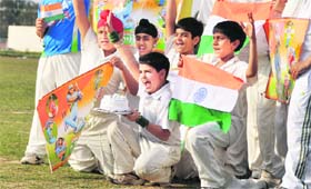 Budding cricketers celebrate the victory of Team India at the PAU on Monday