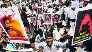 Pro-Tamil activists hold a protest against Sri Lanka for alleged human rights violations, in Chennai on Monday. 